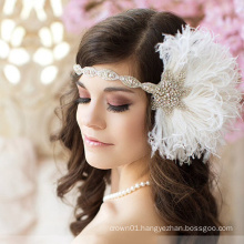 Ivory White Feather Headband Bridal Head Piece Feather Fascinator 1920's Flapper Great Gatsby Crystal Head Dress